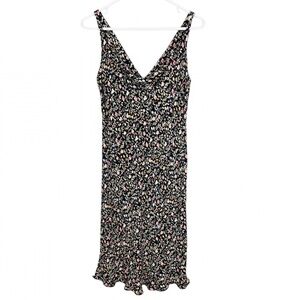 Loco Lindo Slip Dress Medium Micro Floral Midi Cowl V Neck Boho Ruffle Bottom